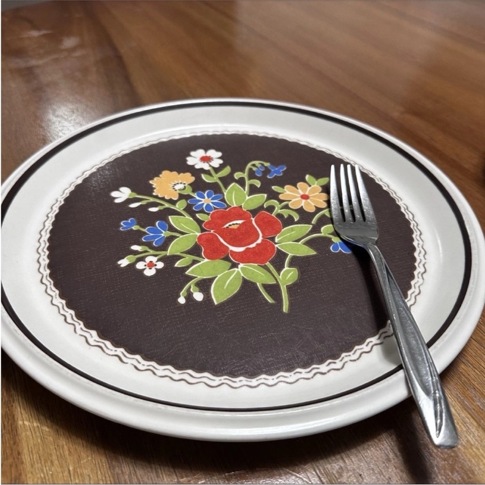 Mikasa Int’l 1970s Brown Denim Floral 11” Plate & Bowl Set E4803 Mid Century - Picture 7 of 8